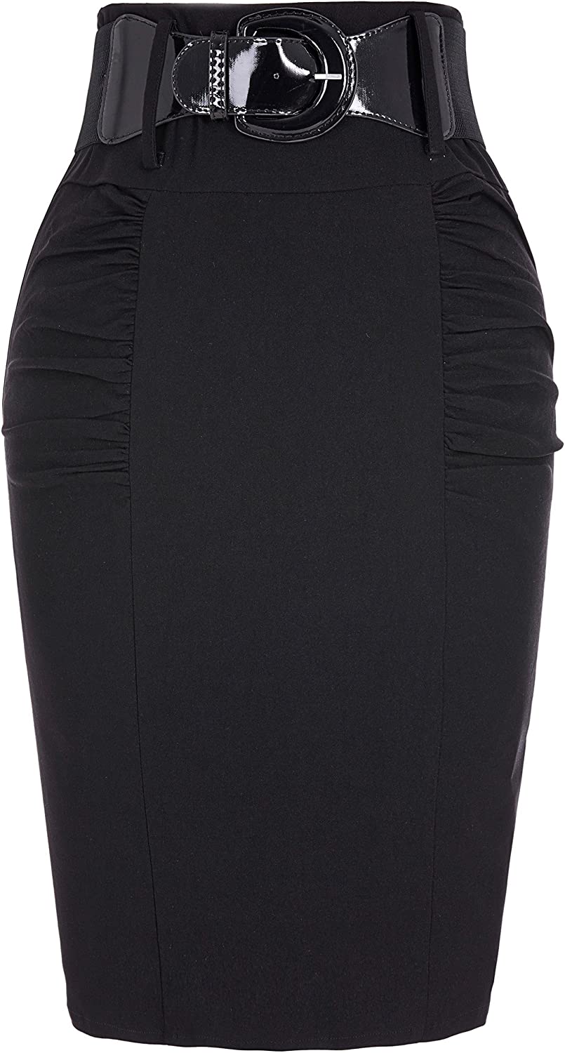 230816043745002_1 Women's Stretchy Pencil Skirt Side Pleated Business Skirts with Belt KK271(28 Color) - Image 1